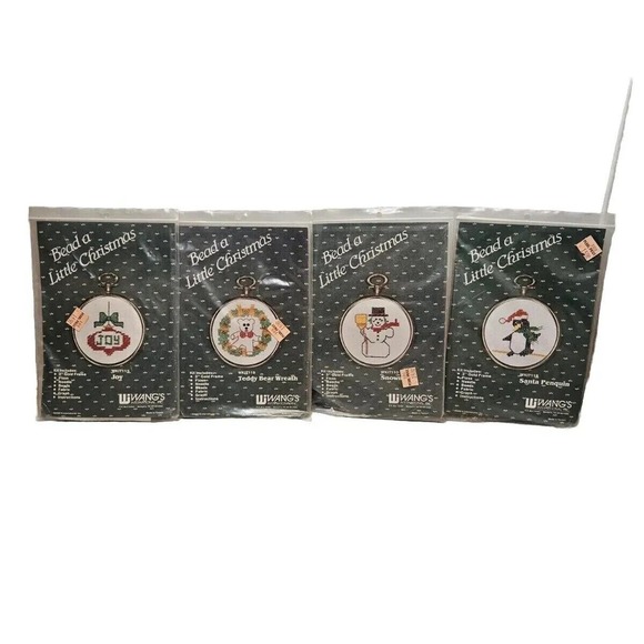 VTG Bead a Little Christmas Ornaments 4 Kits Wangs Intl Taiwan 80s Cross Stitch - Picture 2 of 9